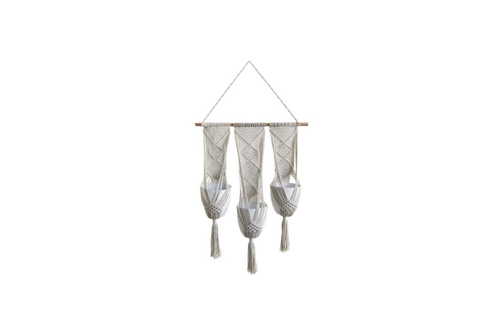 Deco | Boho macramé hangende plantenbak beige incl. bloempotjes L123xB65